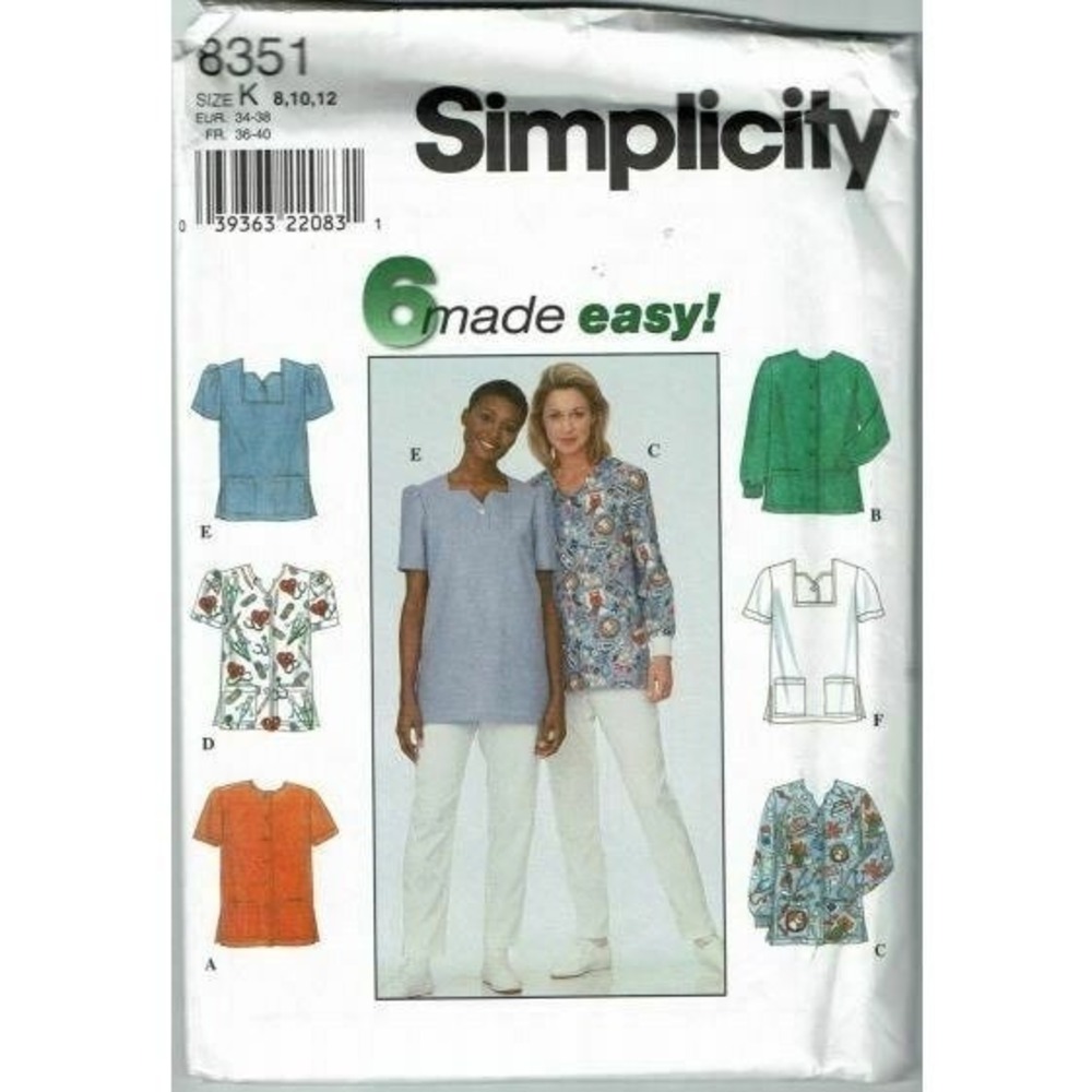 Simplicity 8351 Sewing Pattern Misses Size 8-12 Tops Scrub Nursing Dental Uncut